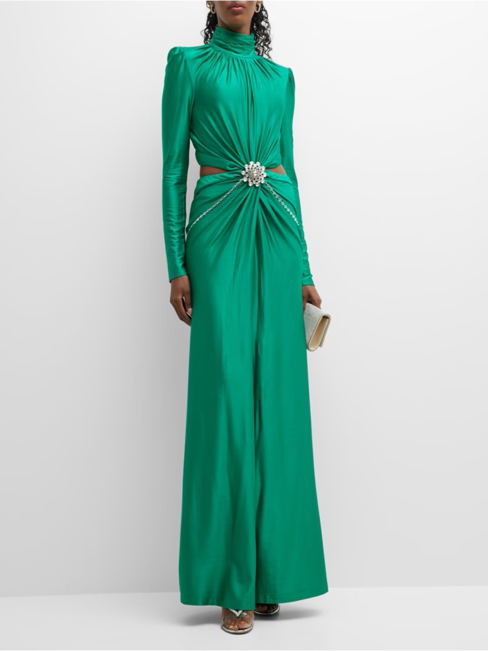 Paco Rabanne Size 44 M L Emerald Green Long Sleeve Evening Gown Dress